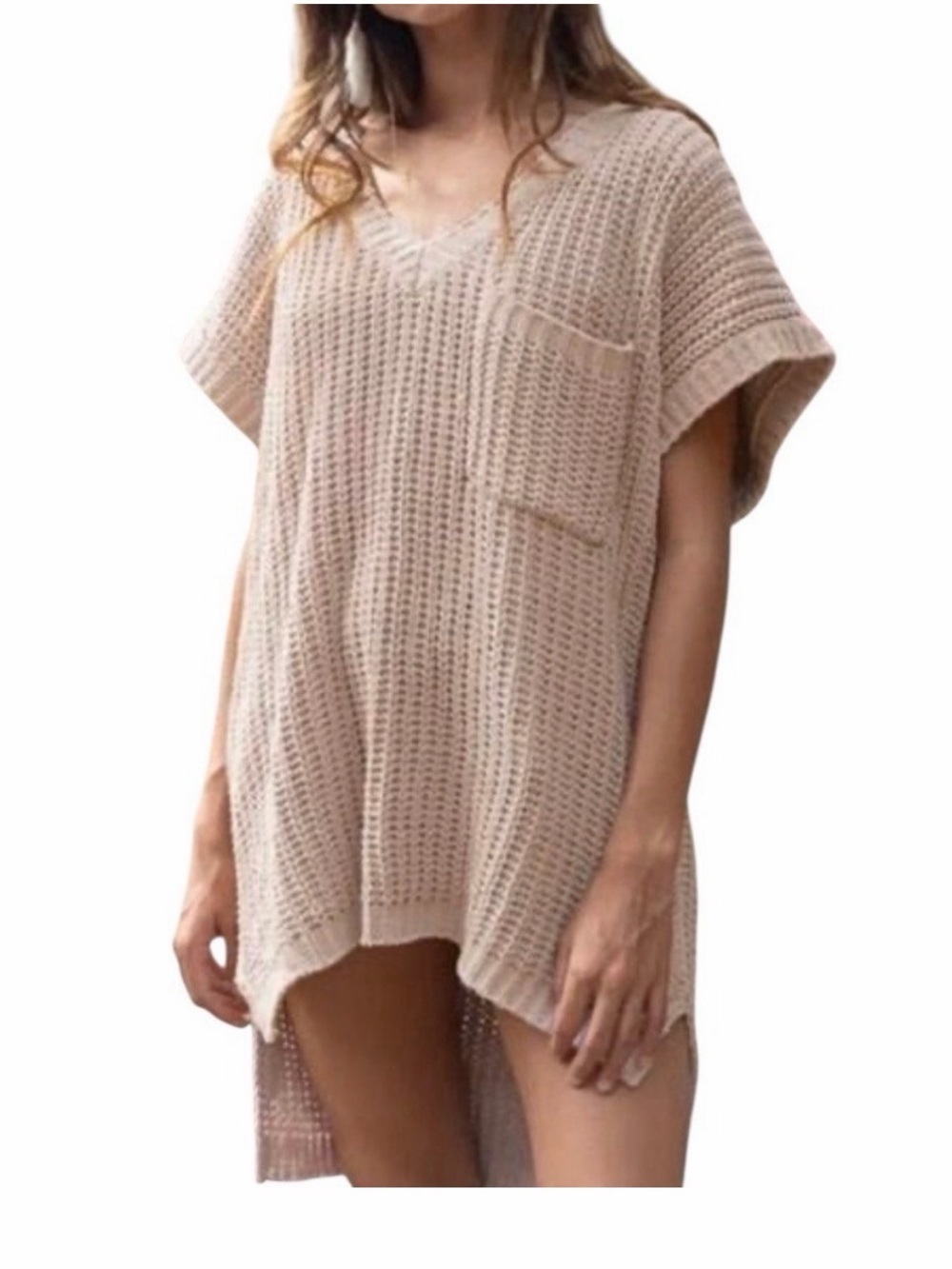 POL Chunky Knit V Neck Short Sleeve Sweater Oversized